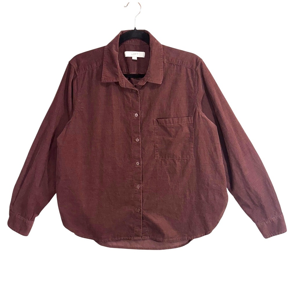 LOFT M Corduroy Button Down Shirt Burgundy Oversized Cotton Fall Layer Cottage